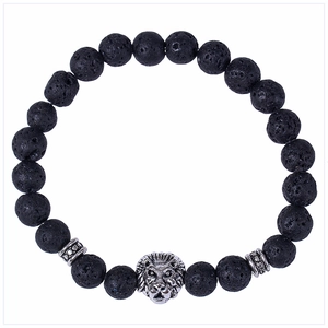 Black lava stone energy bead bracelet with silver lion head charm on white background