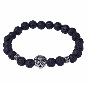 Lion Head Natural Stone Bracelet Lava Volcanic Porous Matte Beads Alloy Spacers Elastic Retro Jewelry Men Unisex