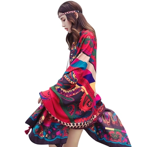 Bohemian paisley print cotton linen scarf with red tassels for beach sun protection