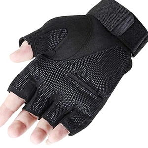 Tactical half-finger sports gloves in black breathable mesh with velcro wrist straps