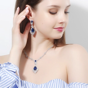 Elegant bridal jewelry set with blue teardrop zircon necklace and matching earrings