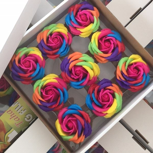 Rainbow soap rose gift box with nine colorful flowers in a white cardboard packaging