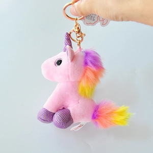 Pink unicorn plush keychain with rainbow mane and sparkly purple horn and hooves