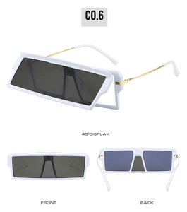 Detailed views of white square flip-up sunglasses with gold metal temples and blue lenses