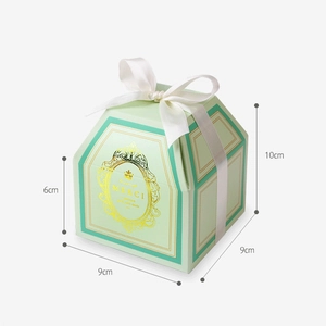 Mint green square gift box with white ribbon and gold foil Merci print 9x9x10cm
