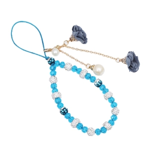 Blue crystal bead phone strap with grey chiffon flowers and silver rhinestone accents