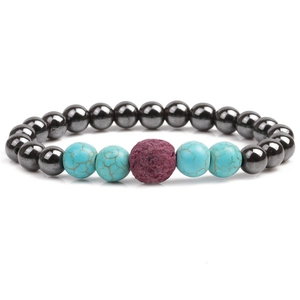 Elastic beaded bracelet with turquoise, magnetic black hematite and purple lava stone