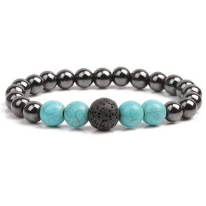 Elastic beaded bracelet featuring turquoise, black hematite, and lava rock on white background