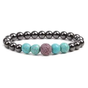 Detail view of magnetic hematite beads with blue turquoise and purple lava stone bracelet