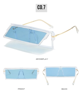 Detail view of square light blue lenses with transparent frames and gold metal temples