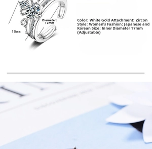Dimensiones detalladas del anillo corona ajustable con circonitas y acabado plata