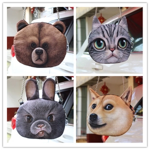 Realistic Round 3D Animal Head Shaped Crossbody Bag Cat Dog Face Print Plush Polyester Metal Chain Street Style For Women