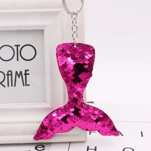 Sparkly purple reversible sequin mermaid tail keychain with silver metal ring for bags