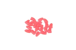Macro shot of 20 pink soft silicone cat claw nail caps covers on a white background