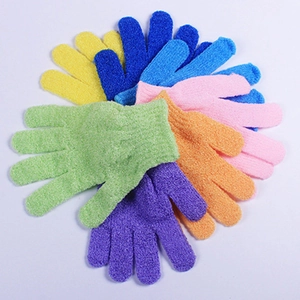 Exfoliating nylon shower gloves in six vibrant colors for deep body skin cleaning