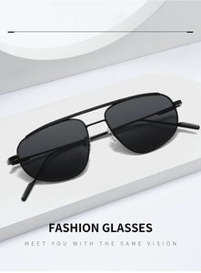 Macro view of matte black metal double-bridge aviator sunglasses with polarized lenses