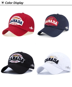 Detail display of four-color cotton baseball caps with Canada Toronto leaf embroidery