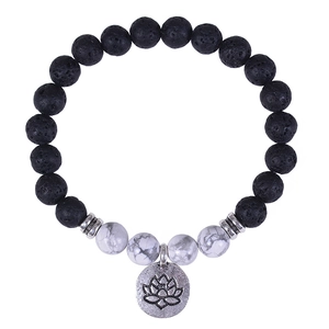 Lava rock and white turquoise bead bracelet with silver lotus flower charm pendant