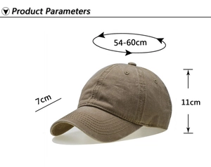 Detailed size parameters for washed cotton baseball cap with adjustable measurements