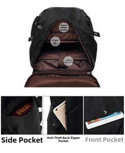 Detailansicht von Laptopfach und Anti-Diebstahl-Rückentasche am schwarzen Rucksack