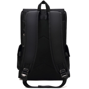 Minimalistischer schwarzer Rucksack mit gepolsterten Trägern und verstellbaren Schnallen Rückansicht
