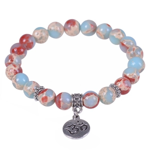 Natural serpentinite stone bead bracelet with Om charm and Tree of Life silver pendants