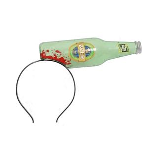 Green beer bottle headband with realistic fake blood detail for Halloween costume head prop