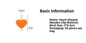 Detailed size specifications for 3cm mini wooden clips with orange heart decorations