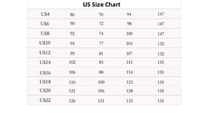 Tableau des tailles US détaillé pour robes de mariée allant de US4 à US22 avec mesures