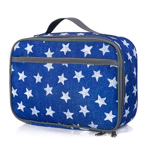 Insulated blue oxford fabric lunch bag with white star pattern and dual zippers