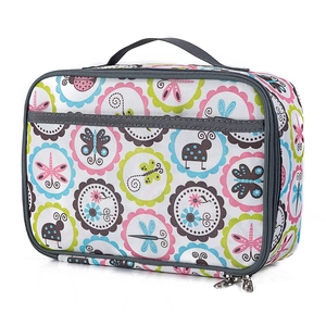 Portable blue Oxford lunch bag with colorful cartoon insect patterns and top handle