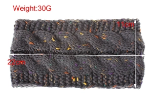 Detail of dark gray knitted headband with multicolor speckles showing 22cm x 11cm dimensions