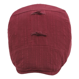 Deep red cotton linen flat cap featuring vintage Chinese frog buttons and retro texture