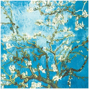 Elegant Van Gogh Almond Blossom print silk scarf in vibrant blue and white tones