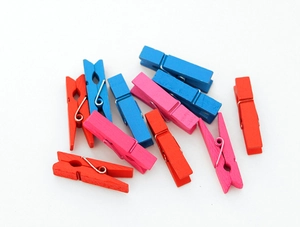 Close-up of colorful red, blue and pink mini wooden photo clips on a white background