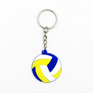 Detail of volleyball keychain with blue, white and yellow panels on silver keyring