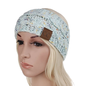 Detail of light blue knit headband featuring multi-colored specks and C.C leather patch