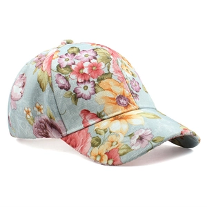 Women's breathable floral sun hat in light blue canvas with pink and orange patterns