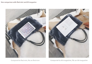 Deep gray plush faux fur tote bag showing interior space for iPad mini and A4 magazine