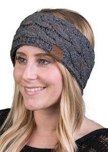 Detail of dark grey cable knit headband with colorful flecks and a brown C.C leather tag
