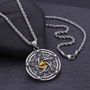 Vintage titanium steel angel pendant necklace with yellow stone and pentagram star