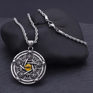 Vintage titanium steel guardian angel necklace with yellow cat eye stone and pentagram