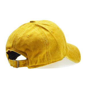 Detailed back view of ginger washed cotton baseball cap with adjustable metal buckle