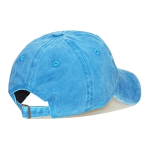 Detail view of adjustable metal buckle and breathable holes on sky blue cotton baseball cap