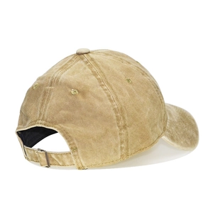 Detail view of khaki washed cotton kids baseball cap with adjustable metal buckle back