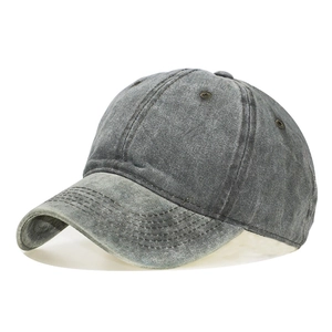 Detail view of charcoal grey washed cotton kids baseball cap showing reinforced stitching