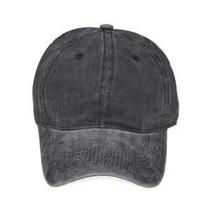Close-up of vintage washed cotton baseball cap for kids in dark grey with classic stitching