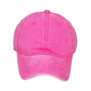 Detail of a bright rose pink washed cotton baseball cap for kids with classic 6-panel design