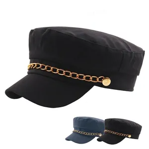 Classic cotton navy flat cap with a gold metal chain and buttons in black and navy blue