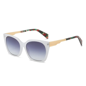 Modern square frame sunglasses with golden metal temples and gradient purple lenses